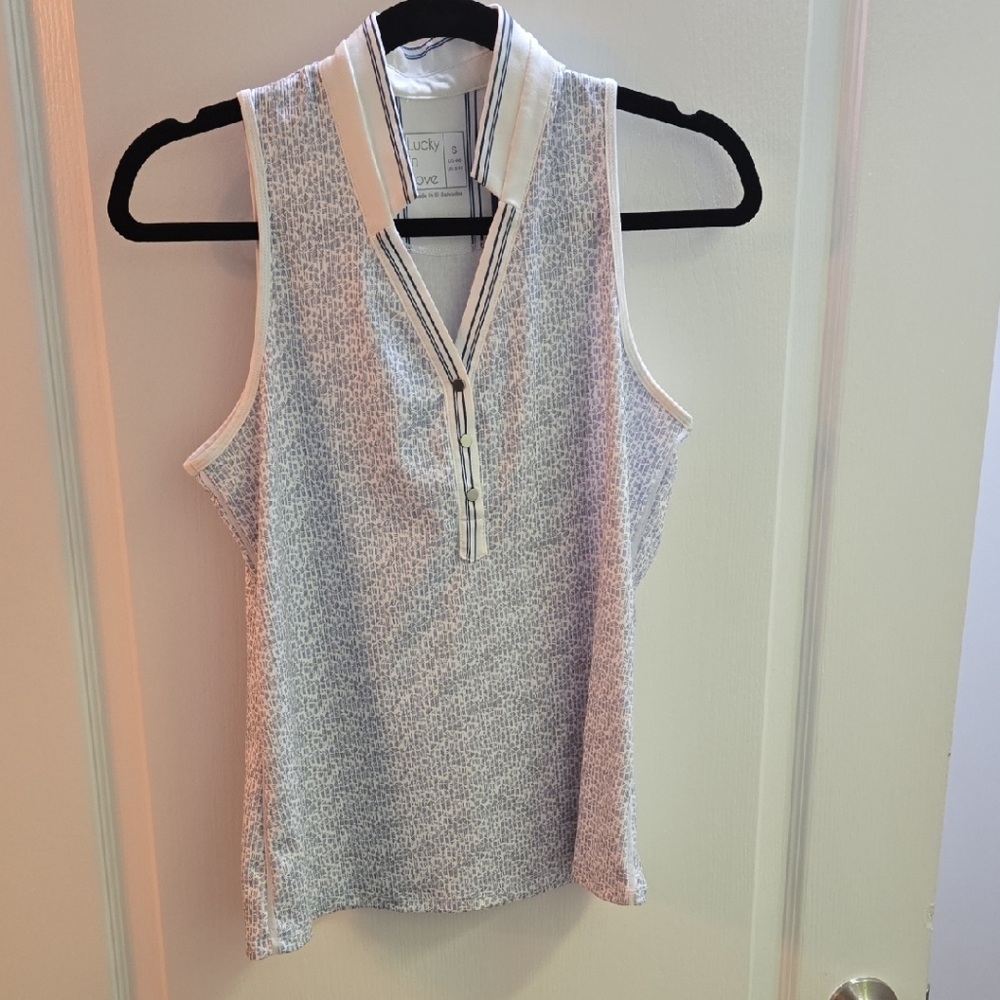 Lucky in Love Blue White Polo Tank Top with Buttoned Neckline